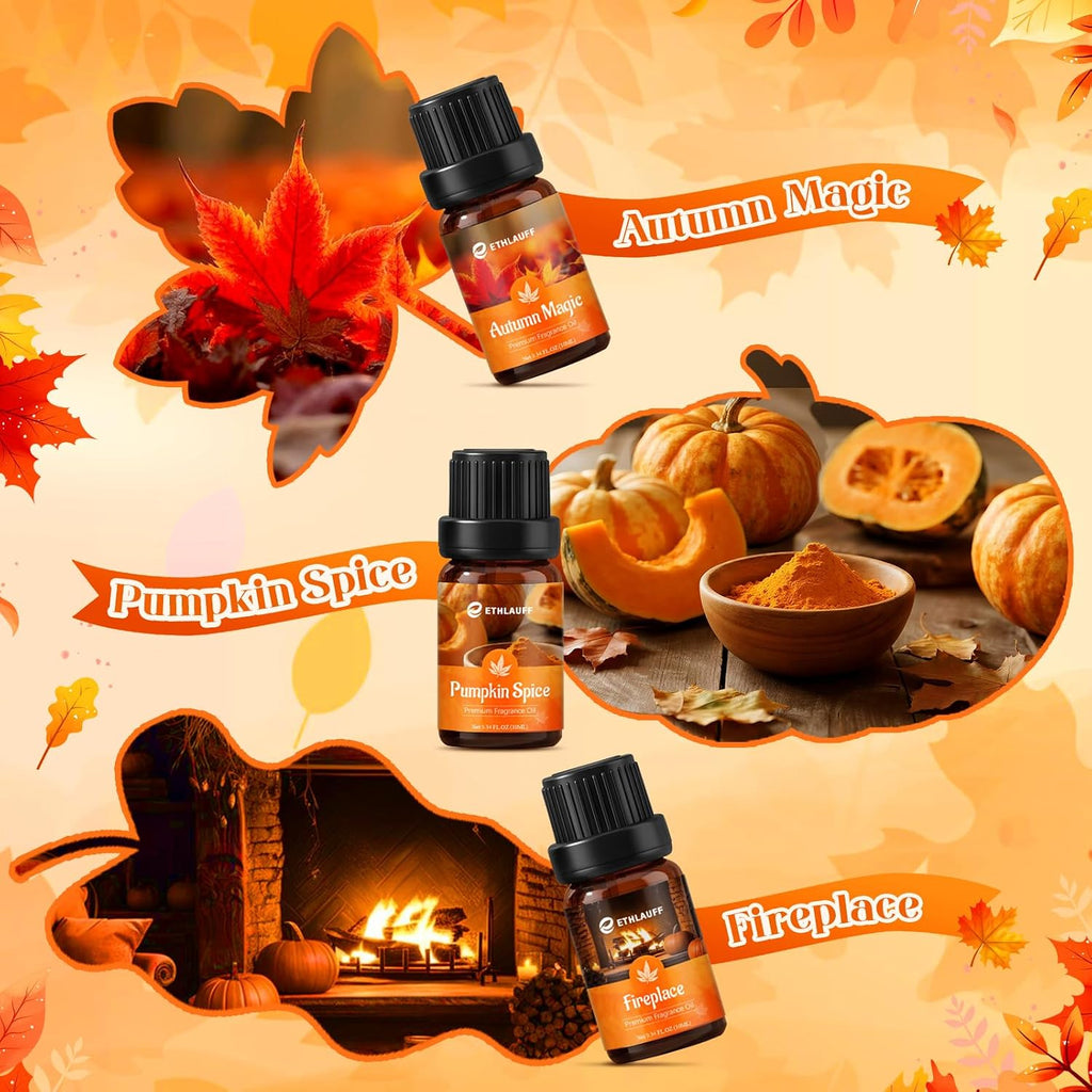 Fragrance Oil Autumn Set, Fall Essential Oils, Pumpkin Spice,Cinnamon & Apple,Fireplace, Autumn Wreath, Warm Flannel - Set of 6