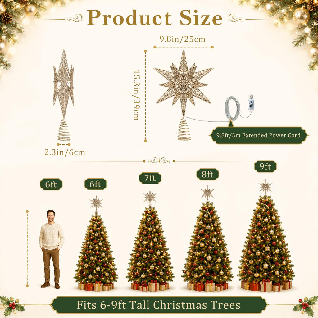 Christmas Tree Topper Star, 15" Lighted 3D Moravian Tree Star
