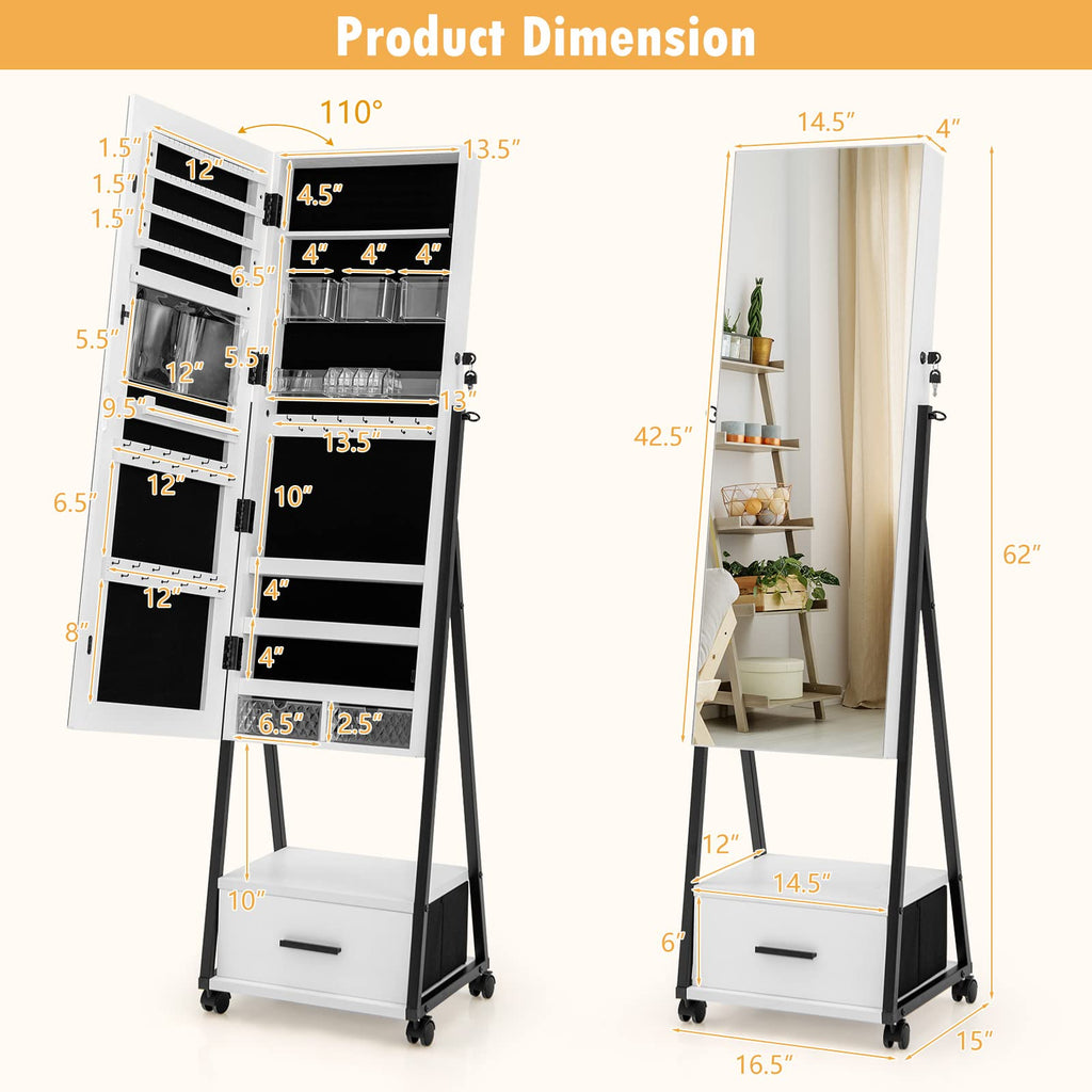Rolling Jewelry Cabinet with Full Length Mirror, Lockable, White