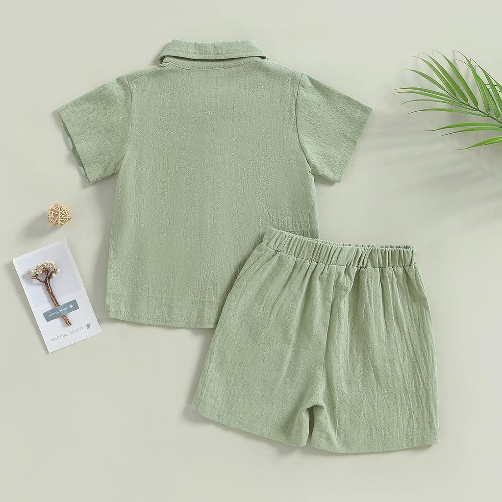 Toddler Baby Boy Linen Outfits Solid Color Short Sleeve Lapel Button Down Shirt and Shorts Summer Clothes Set