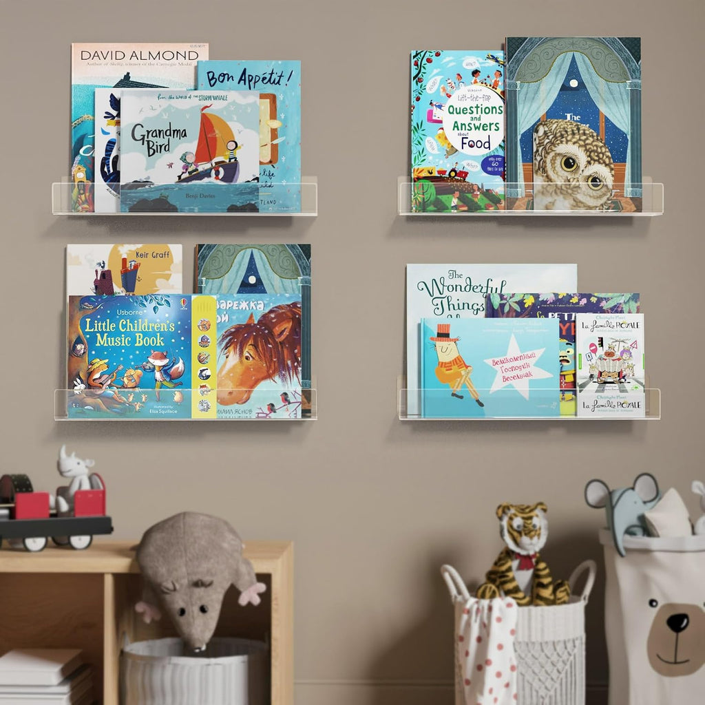 16. Inch Acrylic Floating Bookshelves, Pack, Clear Modern Wall Shelves for Child/Toddler, Invisible Ledge Book