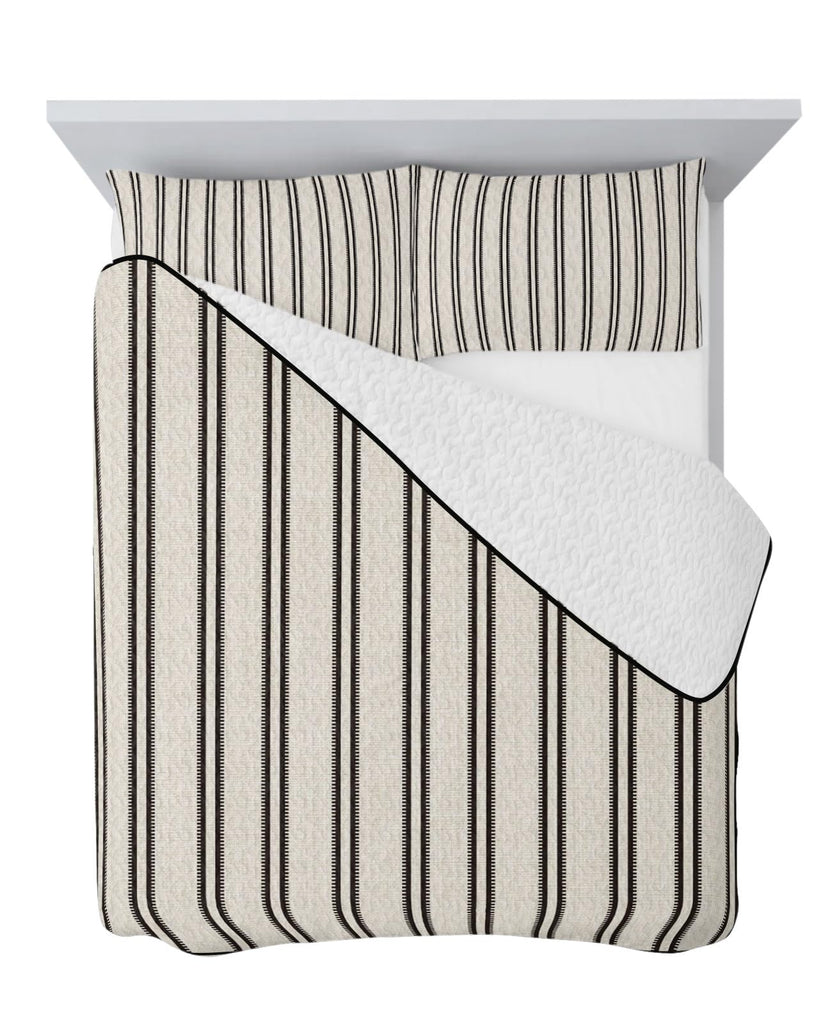 Ticking Stripes Quilt Set 3 Pieces Quilted Bedspread- Soft, Vertical Lines Lightweight Quilt with 2 Pillow