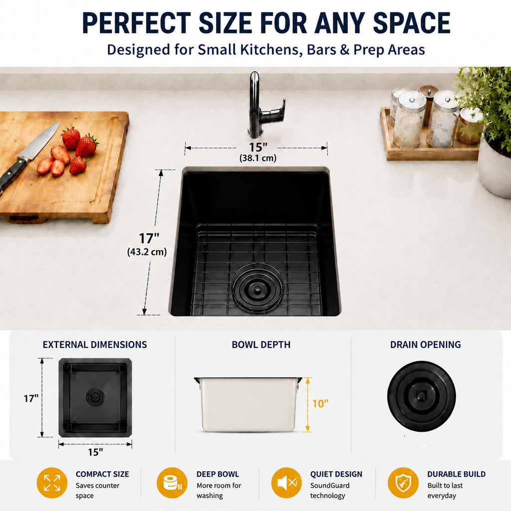 15x17 Black Undermount Bar Sink, 16 Gauge T304 Stainless Steel Sink