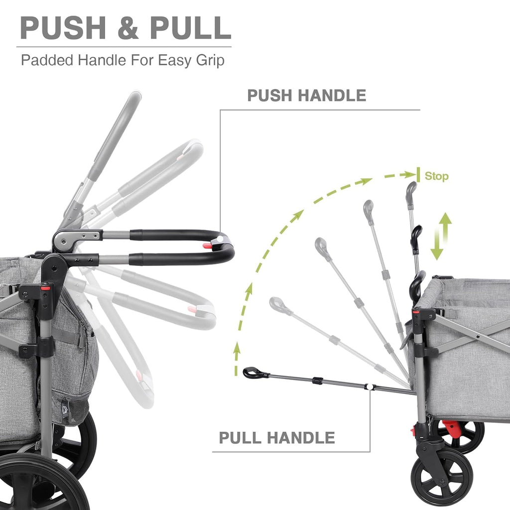 Foldable Wagons for Two Kids & Cargo, Collapsible Folding Stroller with Adjustable Handle Bar,Removable Canopy