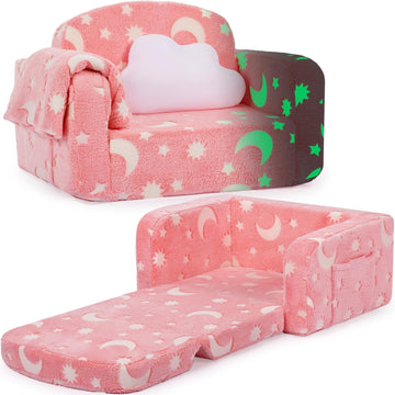 Kids Couch, in-1 Soft Toddler Couch Fold Out with Blanket and Cloud Pillow, Glow in The Dark, Convertible Sofa