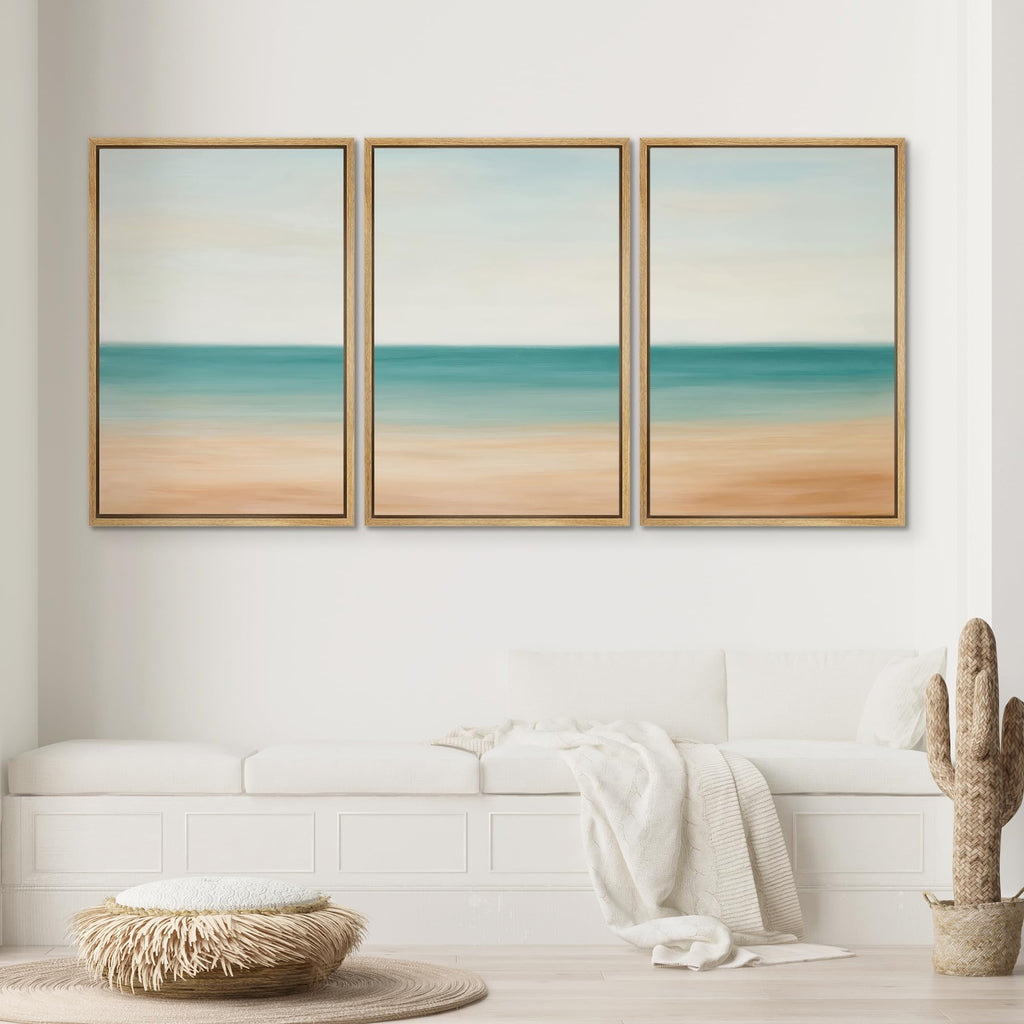 Framed Canvas Print Wall Art Set Soft Abstract Beach Horizon Teal & Beige Minimalist Ocean Illustrations Modern Art