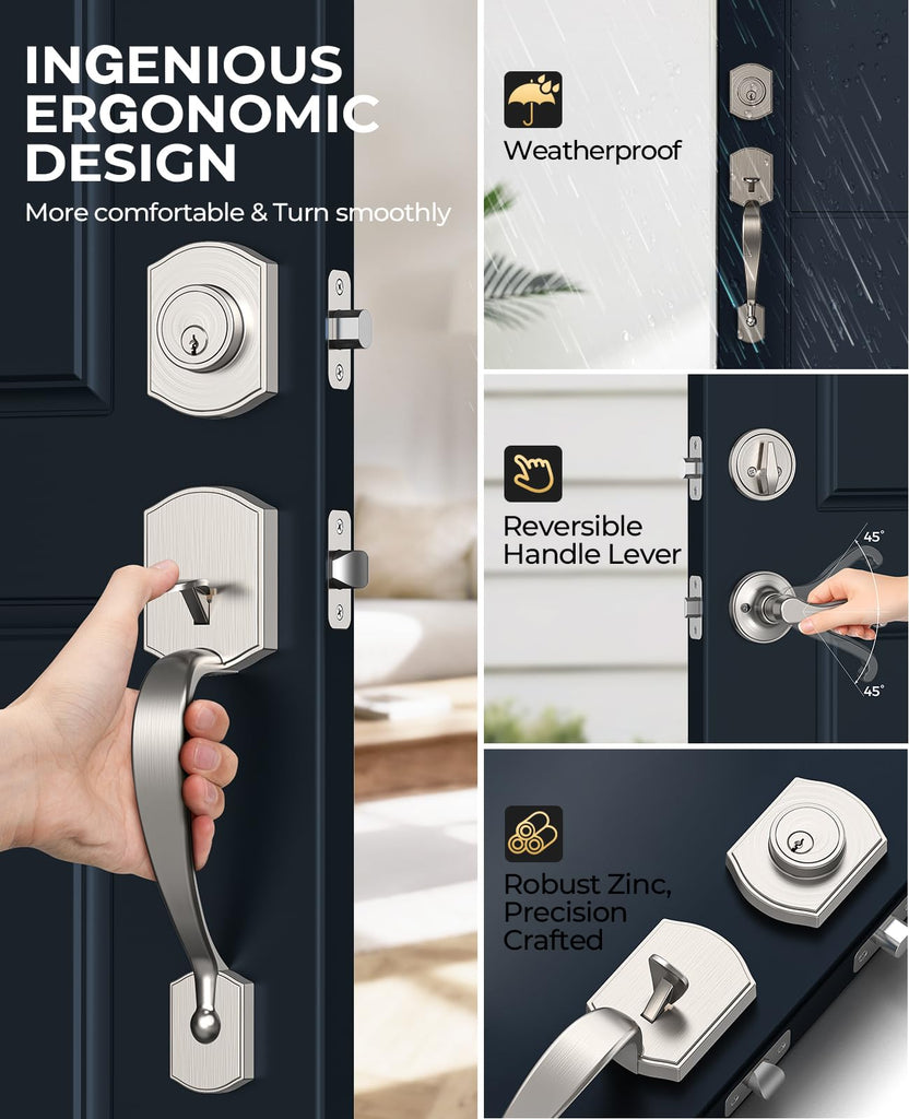 Satin Nickel Front Door Handle and Deadbolt Set with Classic Lever