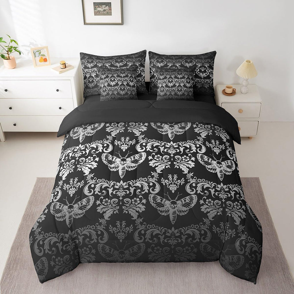 Gothic Queen Comforter Set 7 Pcs Black Grey Moth Goth Bed in A Bag with Sheets Vintage Damask Boho Bedding Comforter