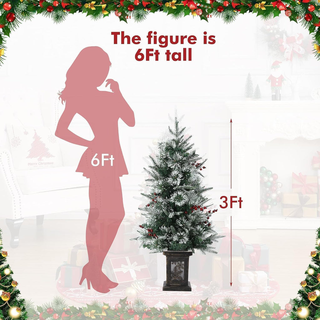 3FT Prelit Artificial Christmas Tree with Lights, 3 Foot Artificial Christmas Tree with Snowflake Base, 78 LED Prelit