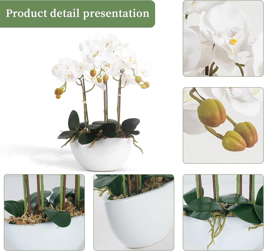 Artificial Orchid Flowers Potted in Ceramic Pot, White Faux Phalaenopsis Orchids for Table Centerpiece, Realistic