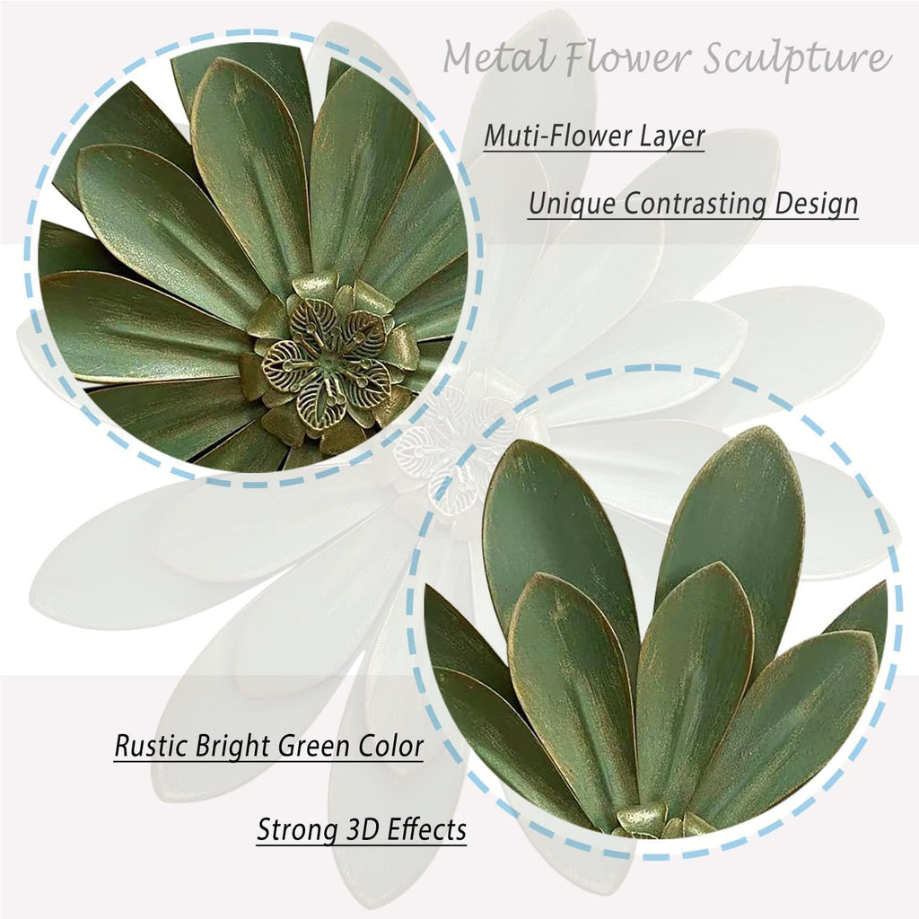 Metal Flower Wall Sculpture,12" Green Rustic Modern Floral Artwork