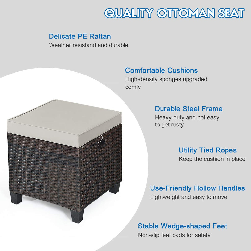 Outdoor Ottoman Set of 2, All Weather Rattan Wicker Patio Ottoman w/Removable Cushions, Outdoor Footstool Footrest