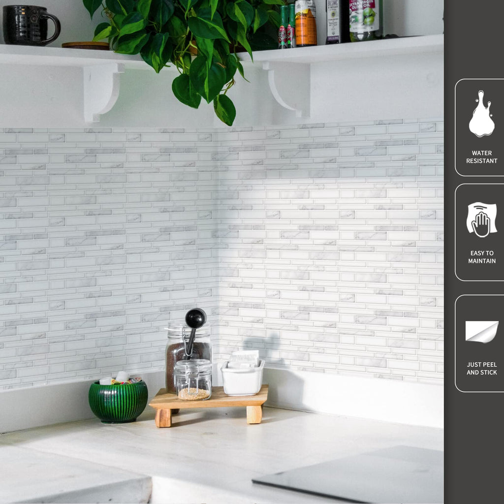 Stone Peel and Stick Backsplash, 10-Sheet, 12" x 12", White Marble