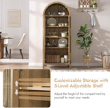 71" Tall Arched Display Cabinet, 5-Tier Bookshelf Modern Farmhouse Arched Bookcase with Glass Doors and Shelves