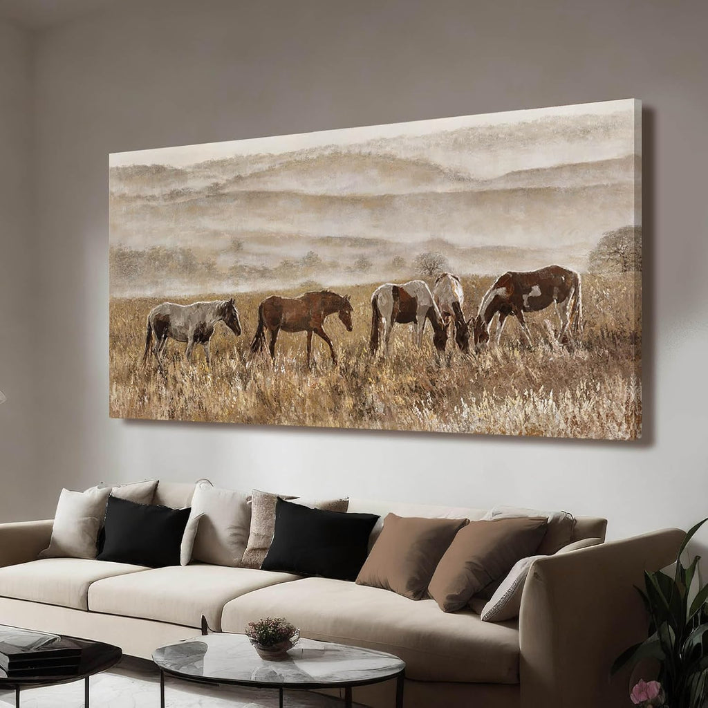 Canvas Wall Art Horse Wall Decor Animal Prints Pictures Grassland Artwork Paintings Brown Pictures