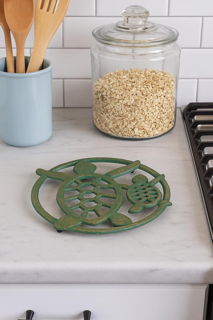 Decorative Cast Iron Sea Turtle Trivet - Coastal Kitchen Accent with Ocean Theme Design - Heavy Duty Metal Trivet