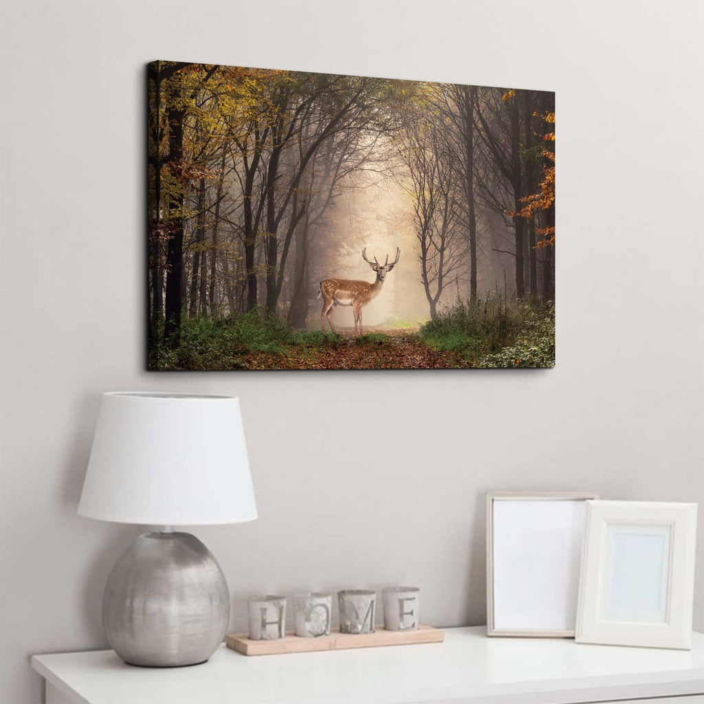 Wild Animal Landscape Canvas Wall Art Deer in Autumn Foggy Forest Picture Wall Decor Elk Wildlife Scenery Photo