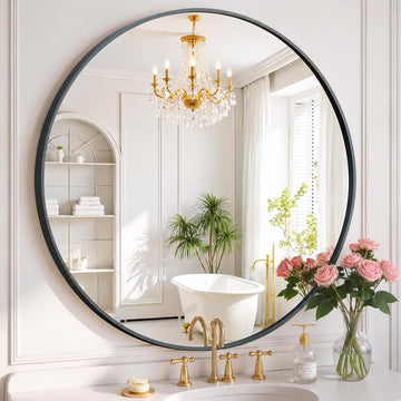 36 Inch Round Bathroom Mirror, Black Vanity Mirror with Metal Frame, Modern Circle, Wall Mounted Decorative Mirrors