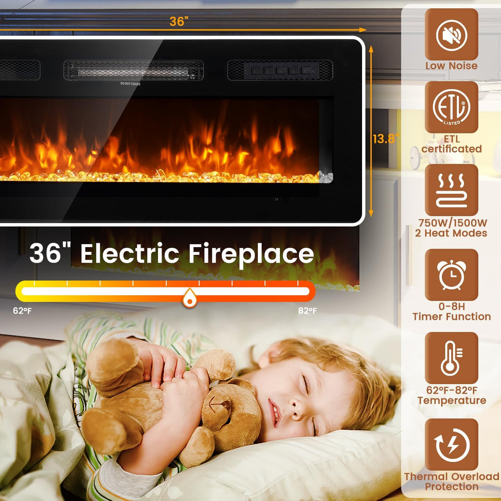 70" Fireplace TV Stand with Power Outlet for TVs UP to 80", Electric Fireplace Entertainment Center with LED Lights &
