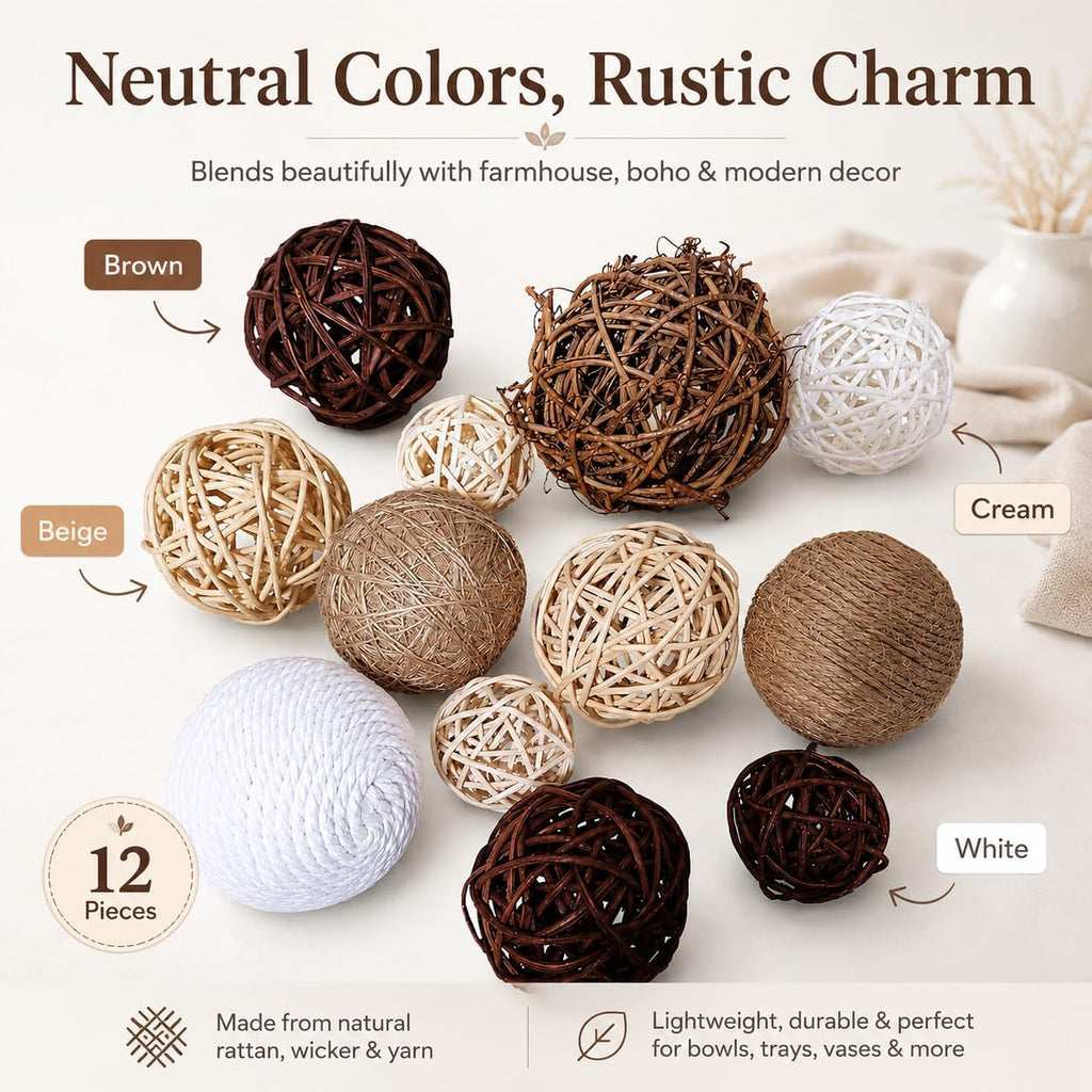 Decorative Ball for Centerpiece Bowls, Handmade Rattan Balls and Rope Balls with 1.6-3.2 Inches, Vase Bowl - Set of 12