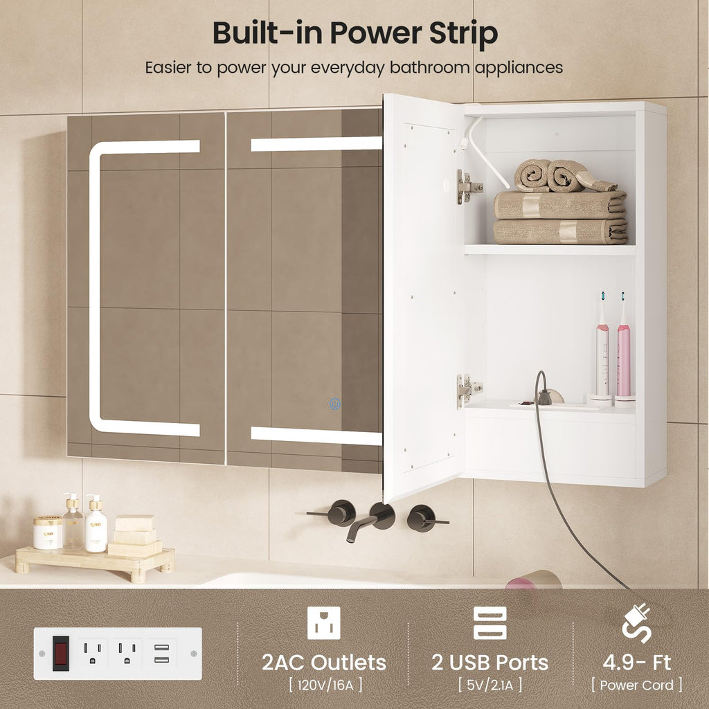 Medicine Cabinet Organizer with Mirror, Lighted Bathroom Medicine Cabinet with Storage, 3 Doors Bathroom Wall Cabinet