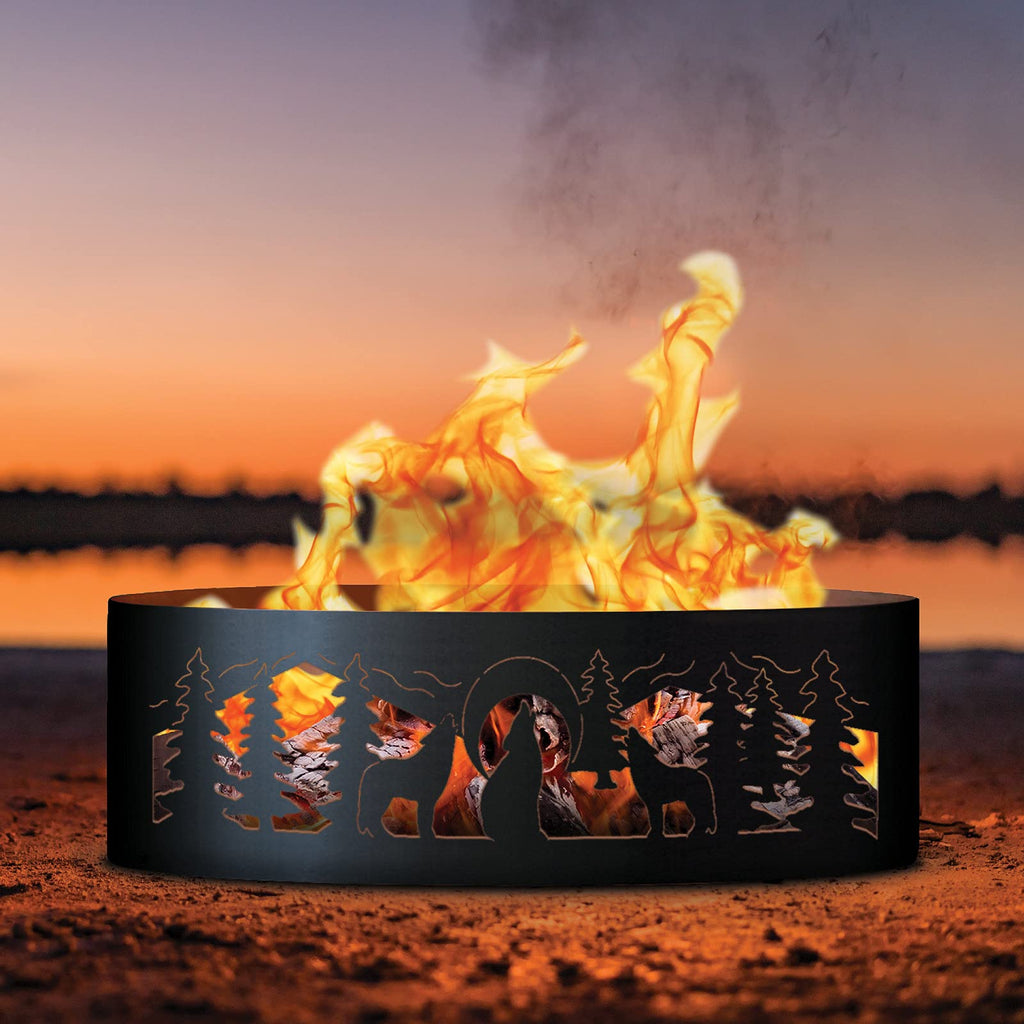 Wolves Unpainted 12 in. Tall 30 in. Diameter Outdoor Fire Ring with Fire Poker - 30 x 30 x 12 in. - Rustic