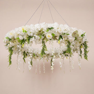 6.6ft Hanging Floral Chandelier, White Green Artificial Flower Chandelier with Cascading Wisteria, Ceiling Floral