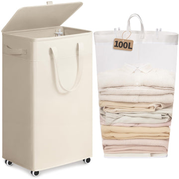 100L Large Rolling Laundry Basket with Wheels and Lid, White