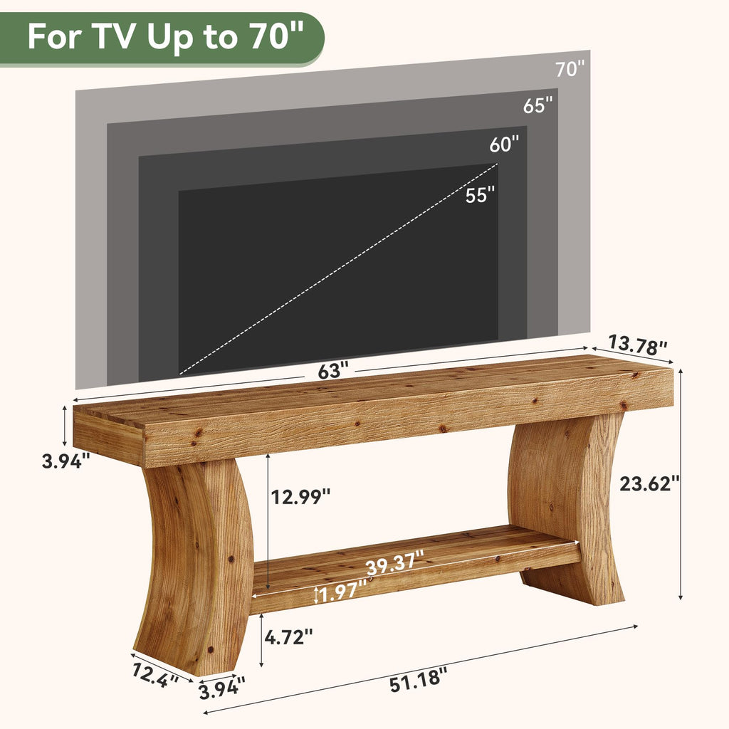 63" Solid Wood TV Stand for 55/60/65/75" TVs, Farmhouse TV Console, Low Entertainment Center with Storage