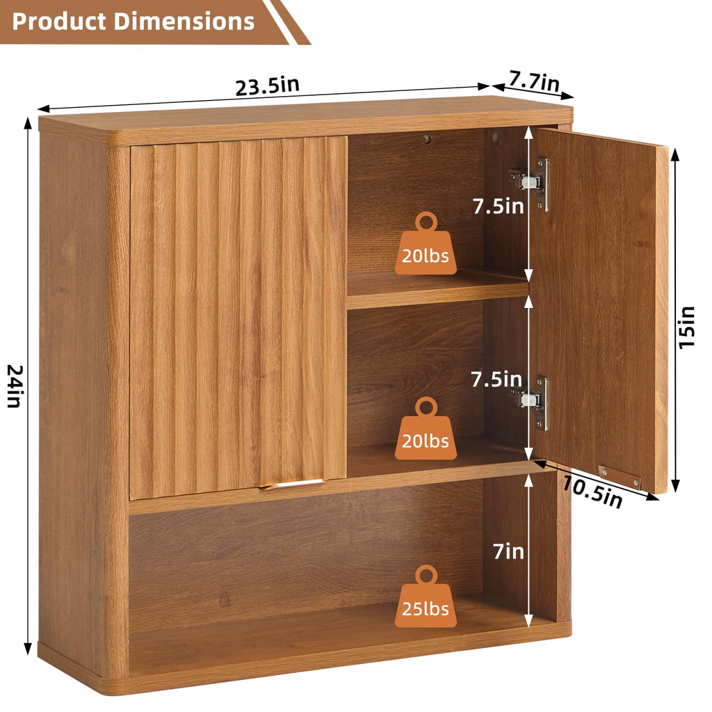 Retro Fluted Bathroom Wall Cabinet, Wall-Mounted Medicine Cabinet