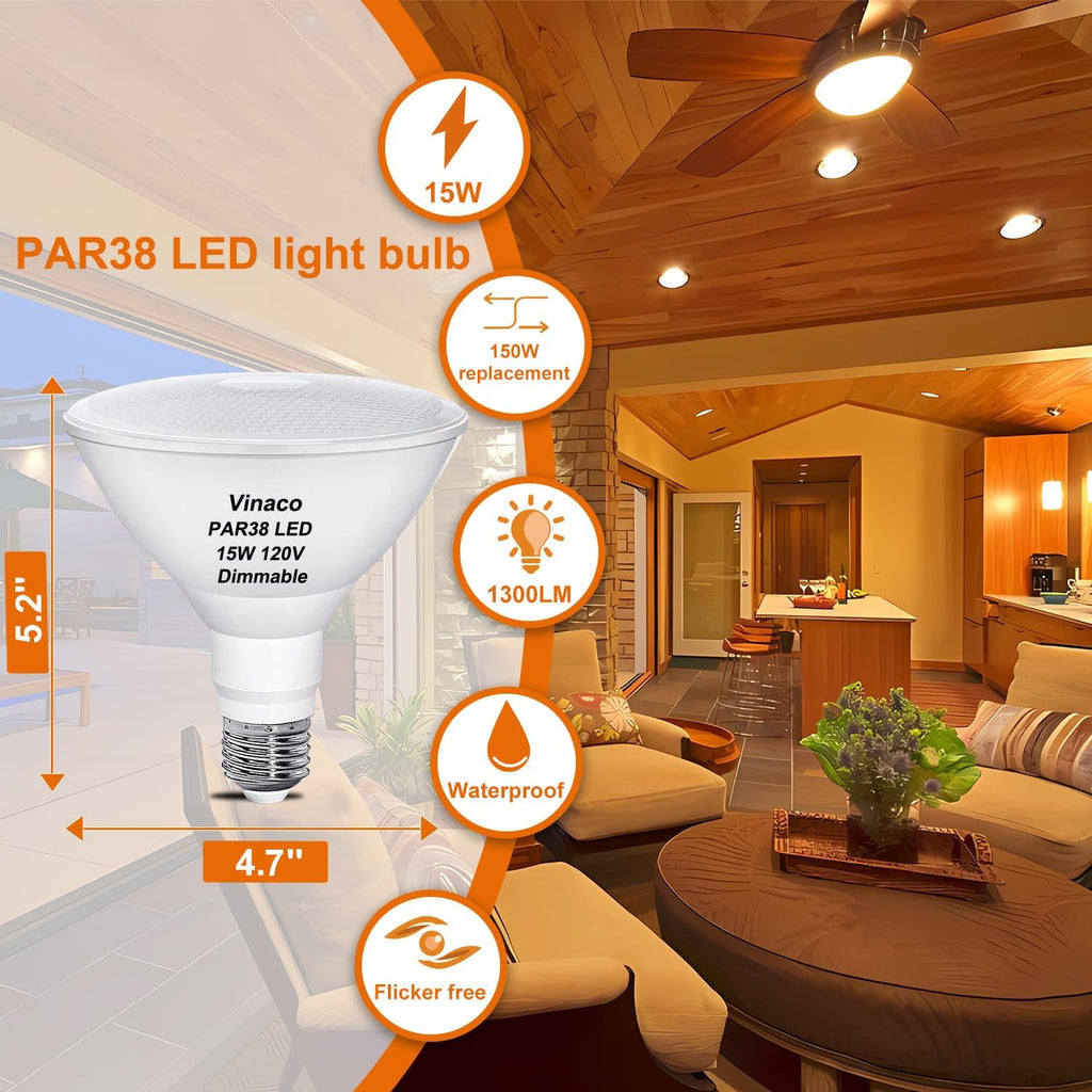 Waterproof PAR38 LED Flood Light Bulb Dimmable 15W 120V 3000K