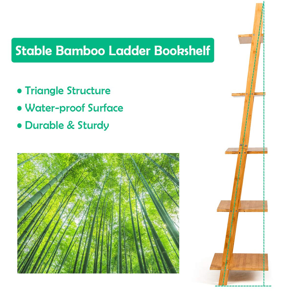 5-Tier Ladder Shelf Bookshelf, 65"H Bamboo Wall-Leaning Bookcase