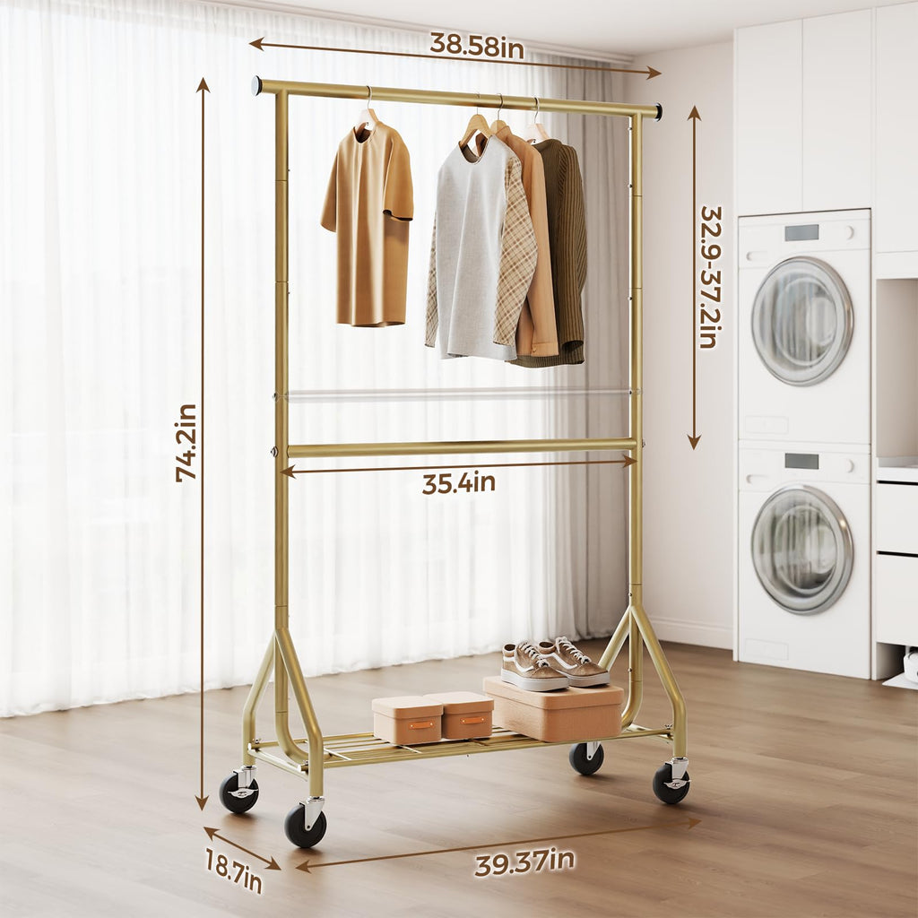 Heavy Duty Clothes Rack, Double Rod Clothing Rack for Hanging Clothes, Rolling Garment Rack, Adjustable Freestanding