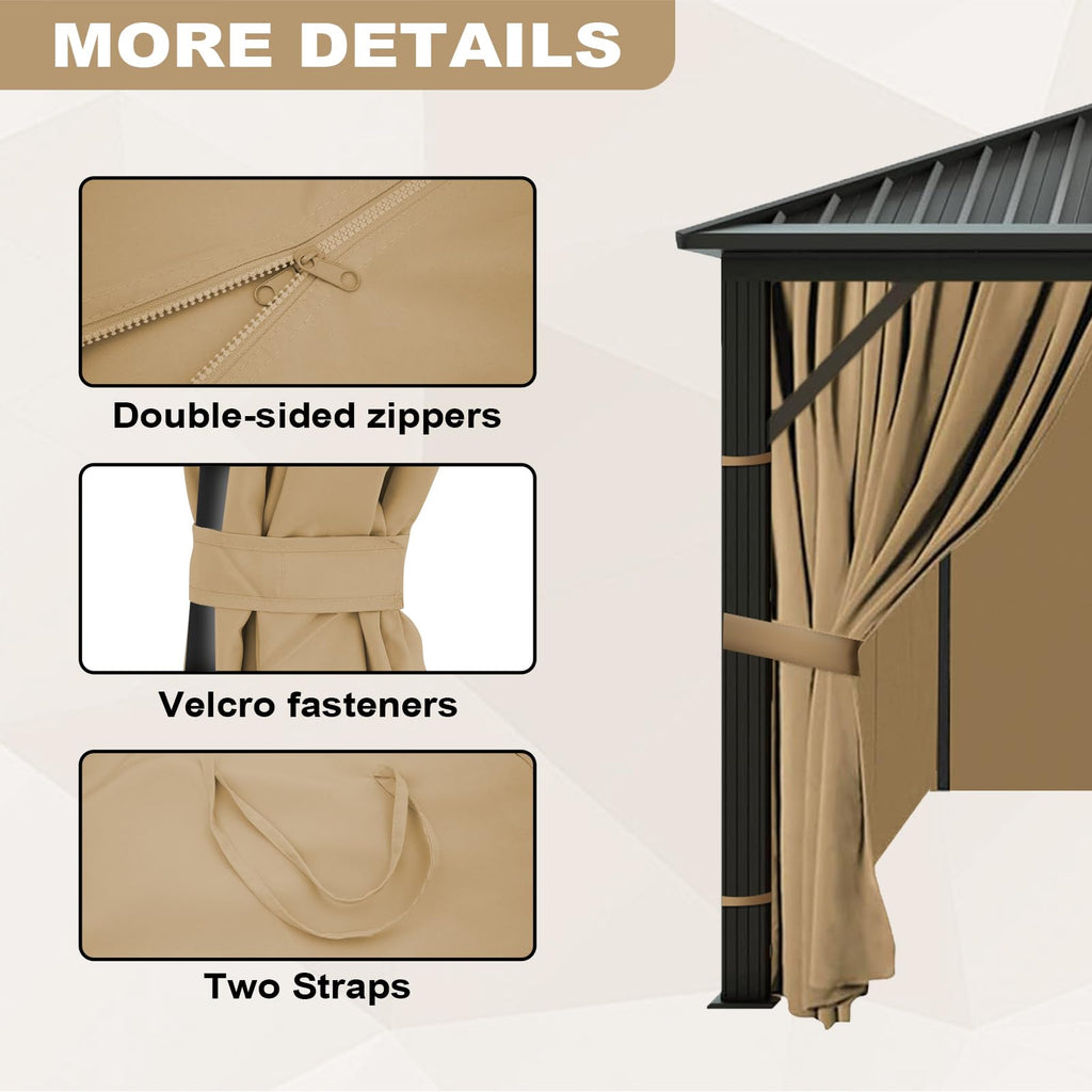 10x12 Gazebo Curtains Outdoor Waterproof, 4 Panel Sidewalls, Brown