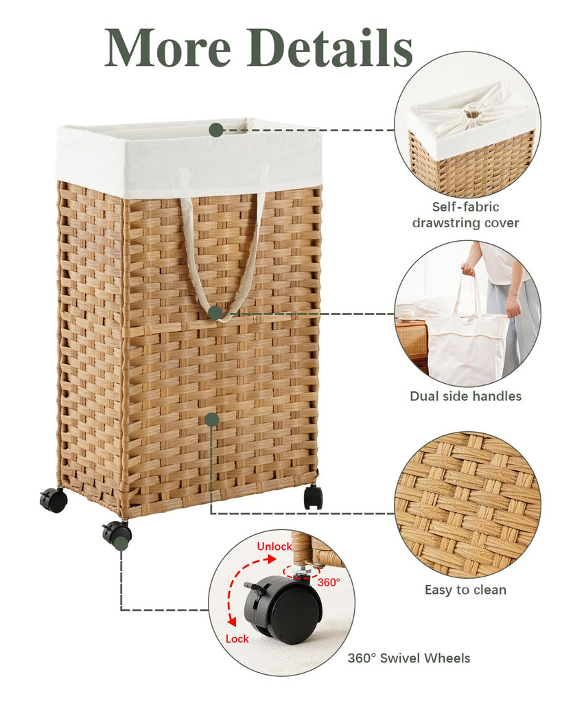 Slim Laundry Hamper with Wheels, 48L Narrow Laundry Hamper Natural