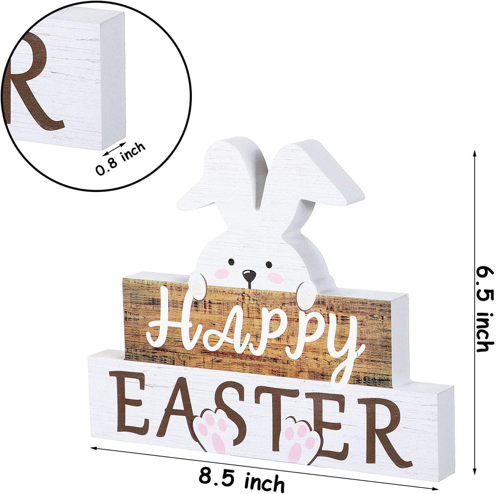 Easter Decorations for Table, Wooden Happy Easter Bunny Decor Sign, Wood Rabbit Block Tabletop Centerpiece Farmhouse
