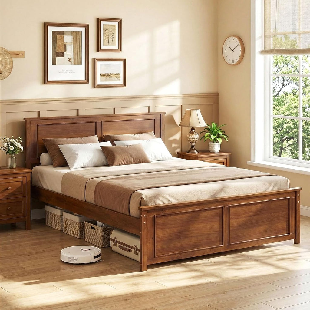Full Size Bed Frame with Solid Wood Legs & Wooden Slats