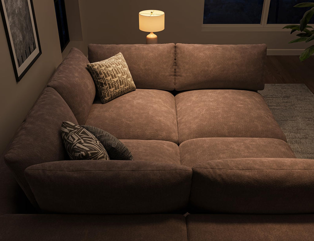 120" Cloud Sectional Couch | Oversize Boneless Couches | 4 Seater L-Shape Sofa | Brown