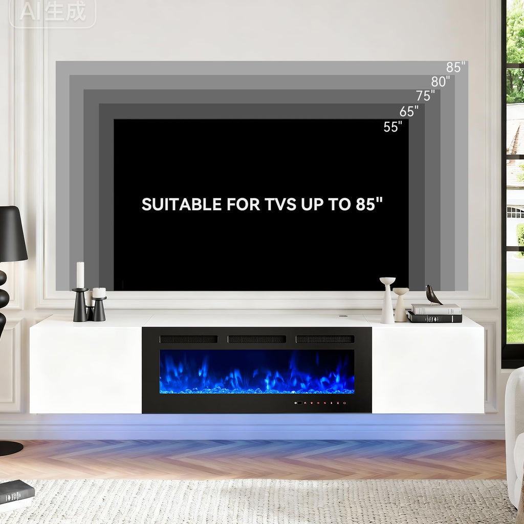 80" Floating TV Stand with 40" Electric Fireplace, Modern Entertainment Center with Storage, Adjustable 12-Color LED