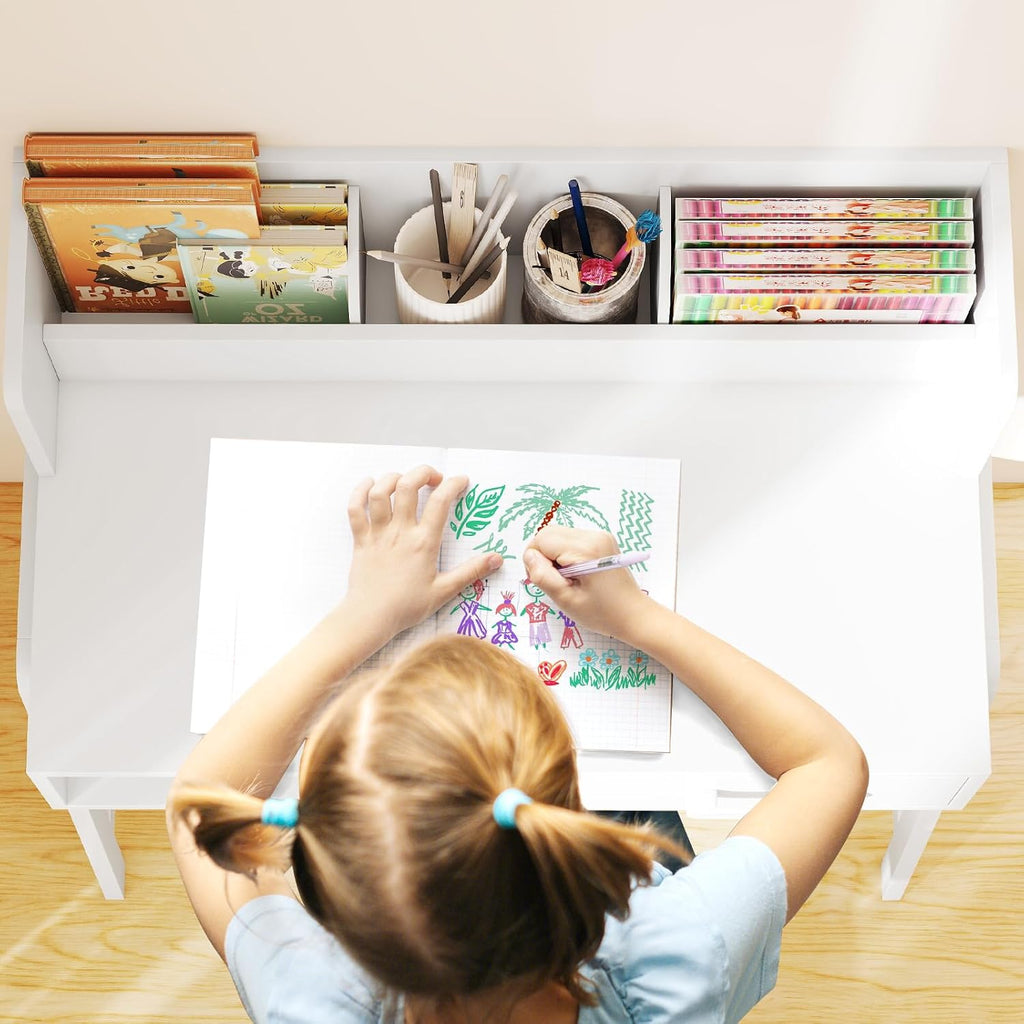 Kids Desk and Chair Set with Storage Bookshelf for Ages 3-8, White