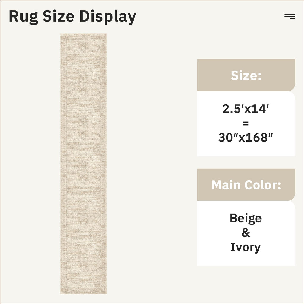 Hallway Runner Rug 2'6" x 14' Washable Long Kitchen Rugs Beige