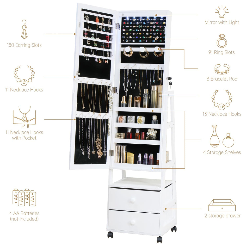 Jewelry Armoire Cabinet Organizer Standing with 20 LED Lights