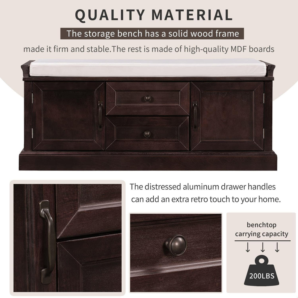 Rustic Storage Bench with 4 Doors 2 Draws Adjustable Shelves Removable Cushion Rectangular Cabinet Foot Rest Stool