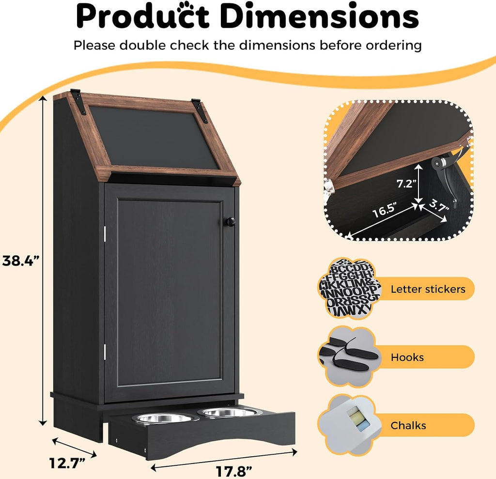 Dog Food Feeding Station with Storage, Pet Food Storage Cabinet with Bowls and Flip-Top Blackboard, Hidden Trash Can
