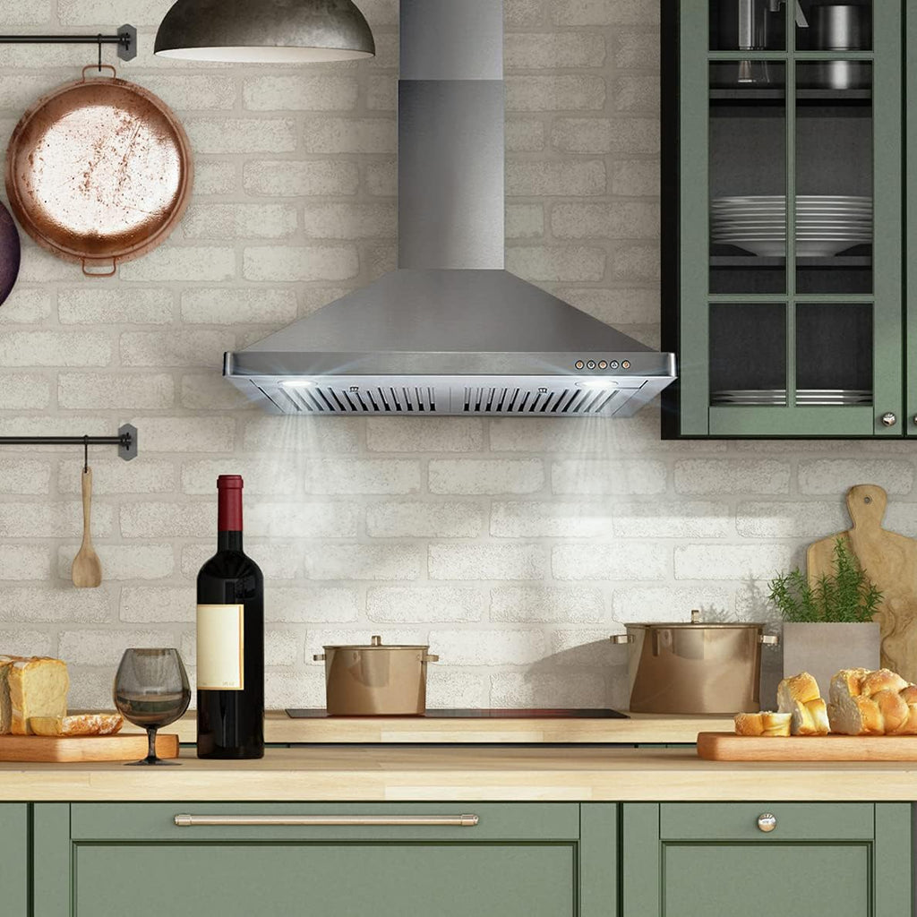 Stainless Steel Wall Mount Range Hood 380 CFM Push Button Control, LED Lights Ducted