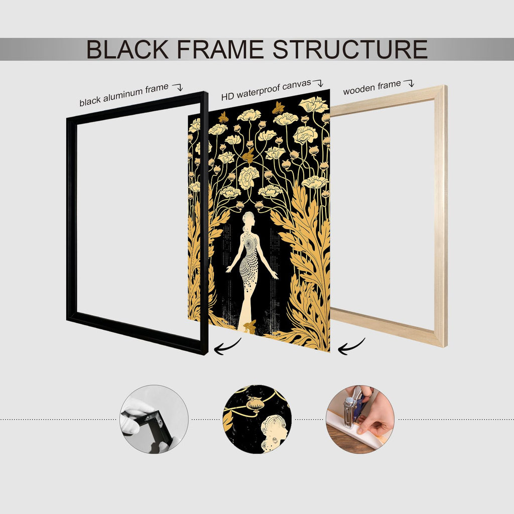 Art Nouveau Goddess Demeter Painting, Black and Gold Print Canvas Art, Bohemian Greek Goddess Poster, Boho Flower and