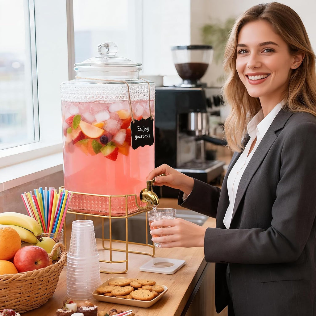 Drink Dispenser for Parties with Stand - 2 Gallon Beverage Dispenser with 18/8 Gold Stainless Steel Leak-Proof Spigot