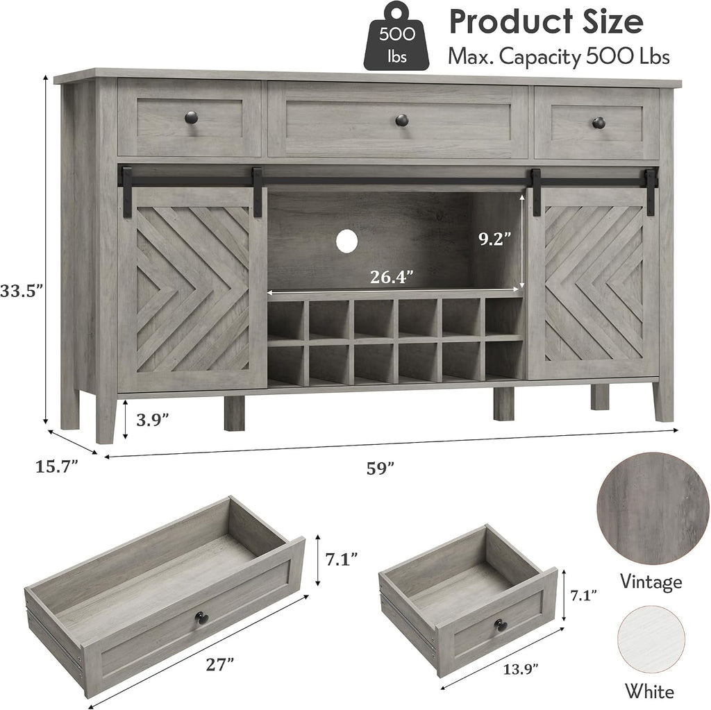 Farmhouse 47.2'' Buffet Cabinet with Sliding Barn Door, 33.4'' Tall Wood Rustic Sideboard with 3 Drawer, Adjustable