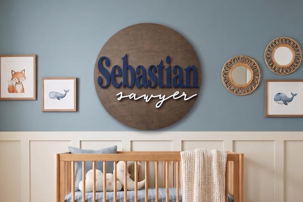 Personalized Round Nursery Name Sign, Custom 3D Wooden Name Announcement Sign, Wood Name Sign Plaque, 3D Wall Art