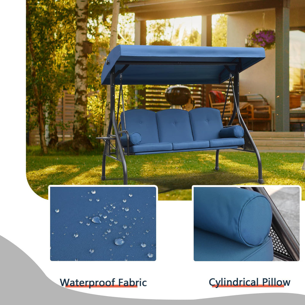 3-Seat Patio Porch Swing with Adjustable Canopy & Side Trays